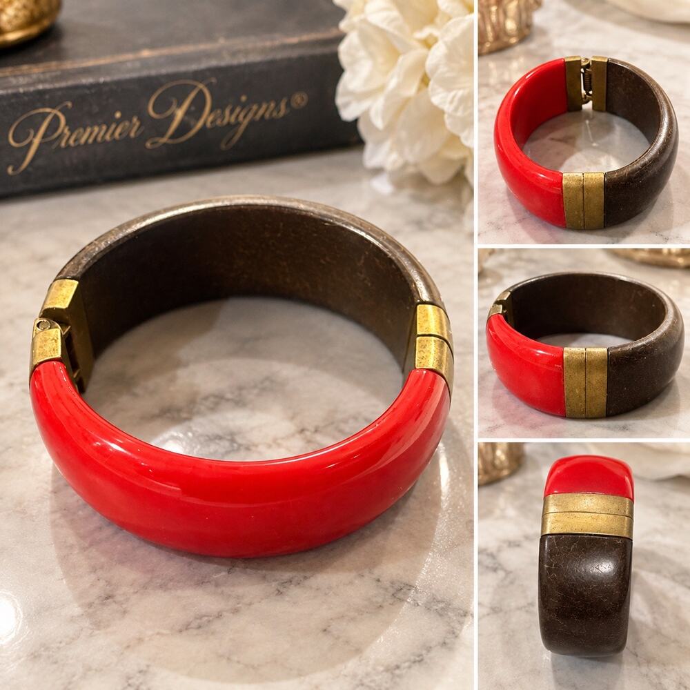 Premier Designs Vintage Red & Brown Hinged Clamper Cuff Bracelet nice gift